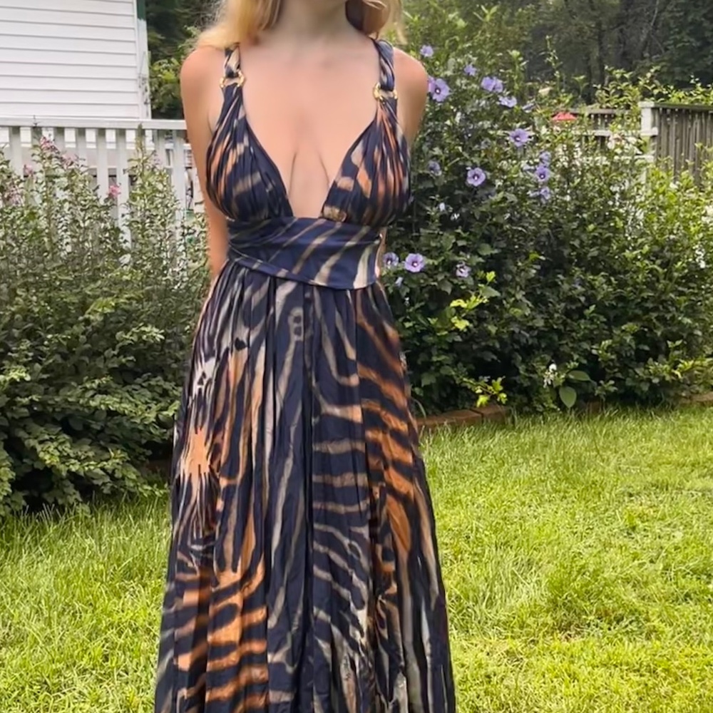 Roberto Cavalli Class Gown Dress Cat Print Flowing Fun size 42 Fits 2-8 US Gold